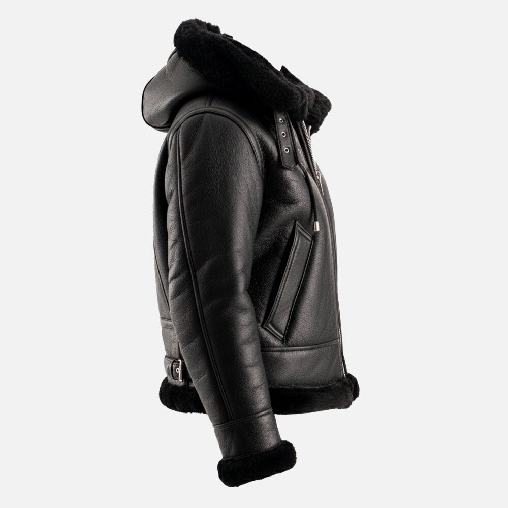 Nordica Black Hooded Real Shearling Bomber Jacket