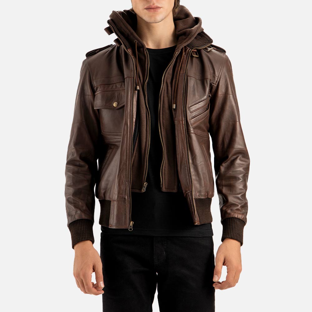 Ischia Brown Waxed Hooded Leather Bomber Jacket