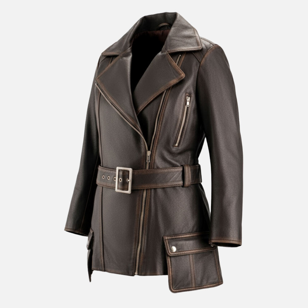 Lecce Distressed Leather Trench Coat
