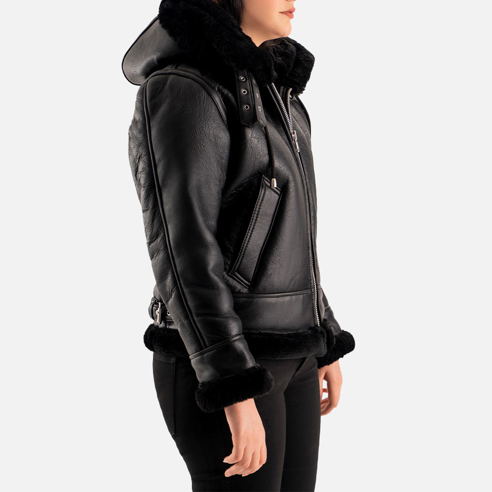 Nordica Black Hooded Real Shearling Bomber Jacket