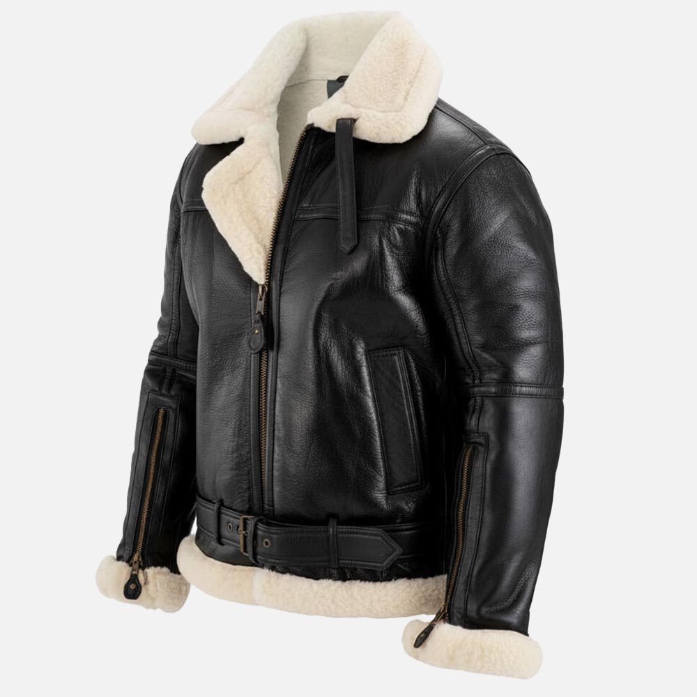 Bormio RAF Black & white Real Shearling Bomber Jacket