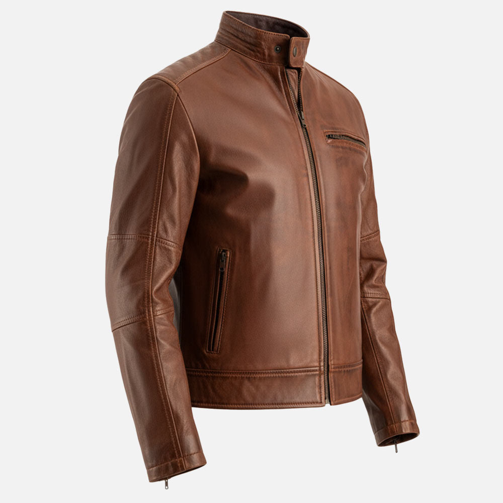Puglia Tan Waxed Leather Biker Jacket
