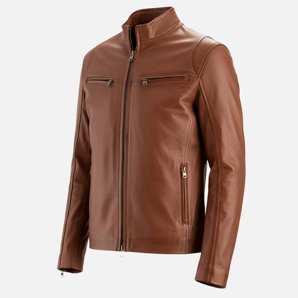 Firenze Tan Waxed Leather Biker Jacket