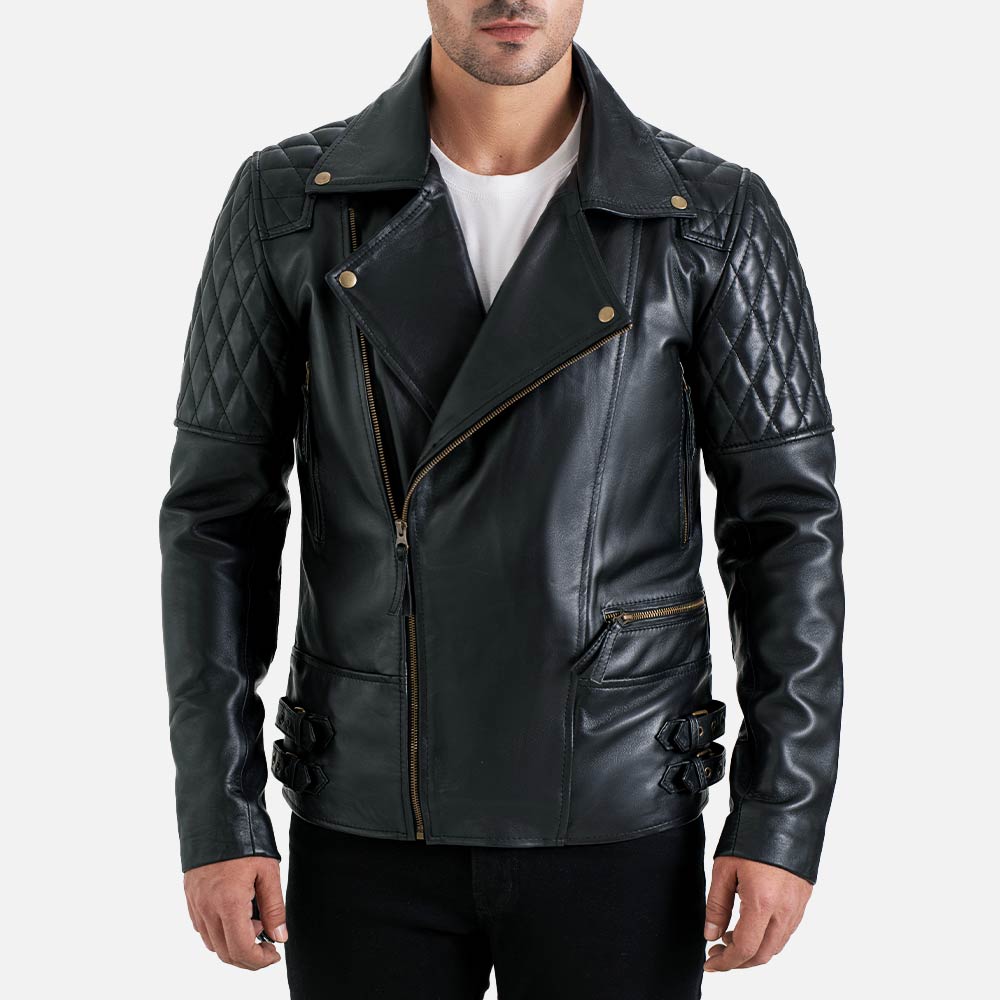Bari Black Biker Leather Jacket frontt view