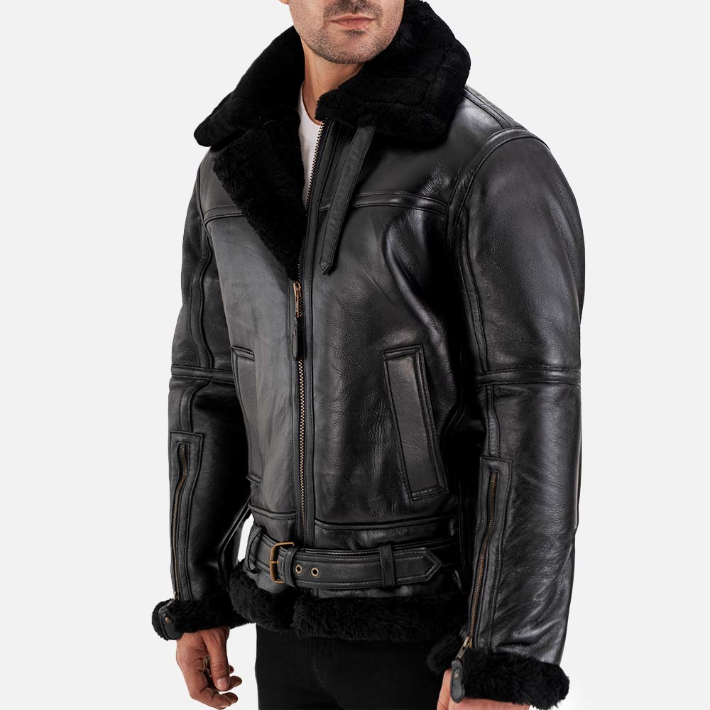 Bormio RAF Black Real Shearling Bomber Jacket front view
