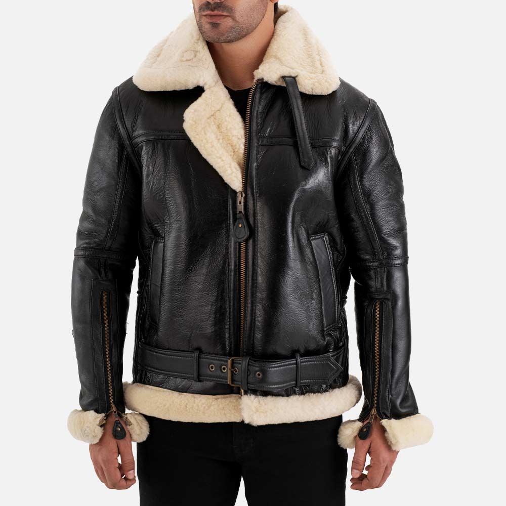 Bormio RAF Black & white Real Shearling Bomber Jacket half face