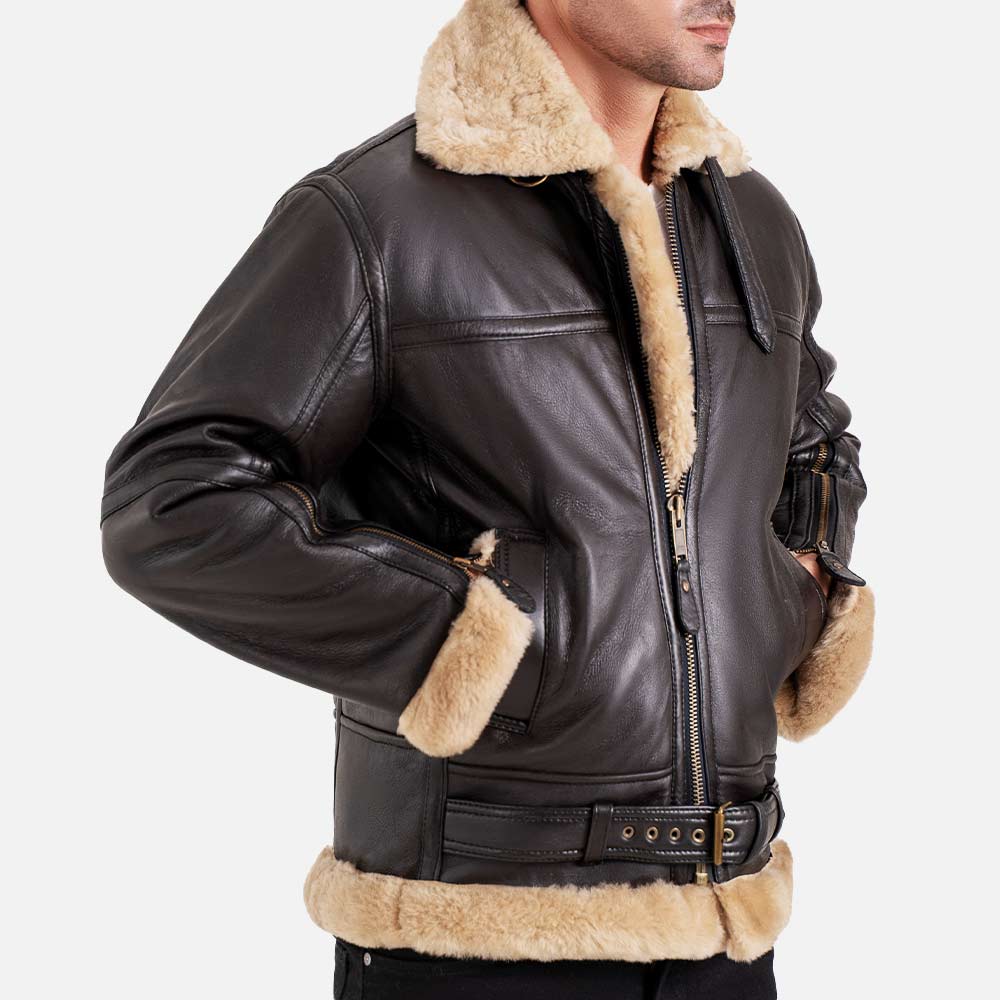 Bormio RAF Brown & Beige Real Shearling Bomber Jacket both hand in pocket