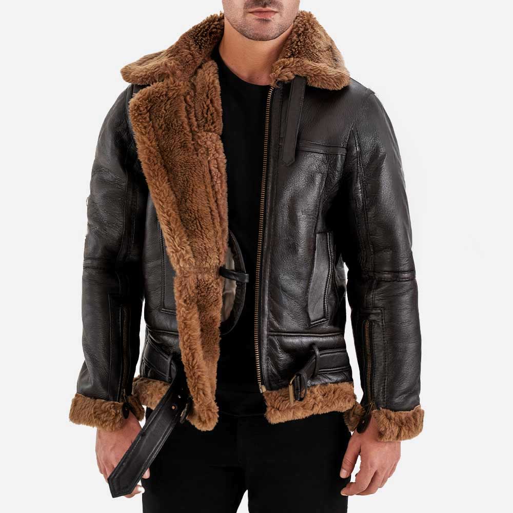Bormio RAF Brown Real Shearling Bomber Jacket front view