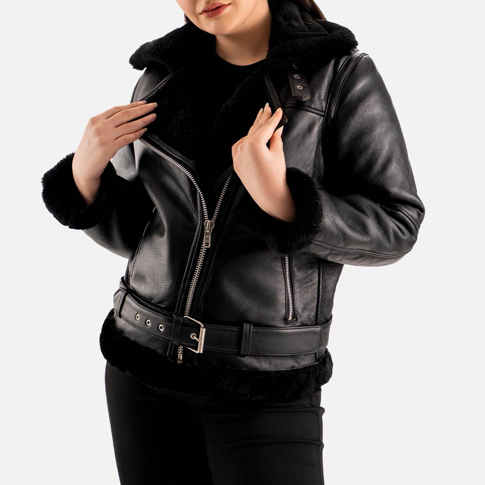 Brivido Black Real Shearling Bomber Jack half open