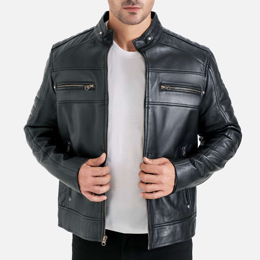 Cagliari Black Biker Leather Jacket holding jacket