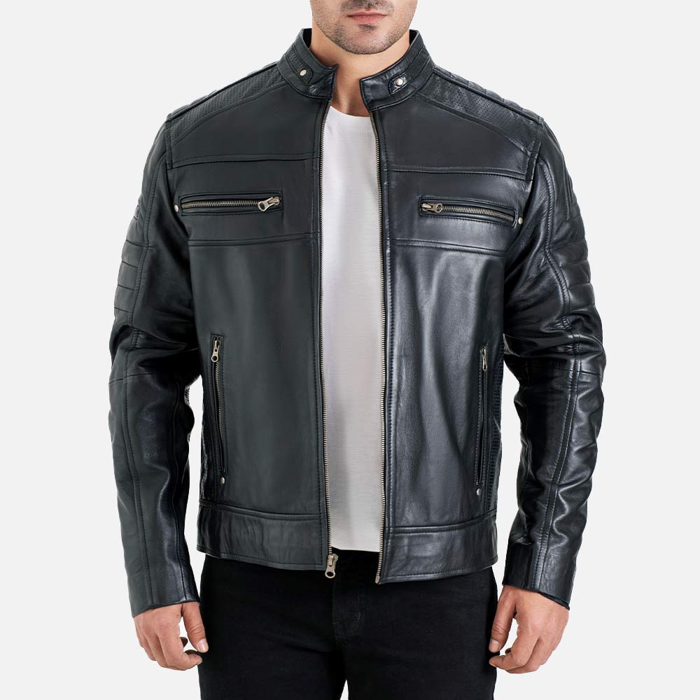 Cagliari Black Biker Leather Jacket open