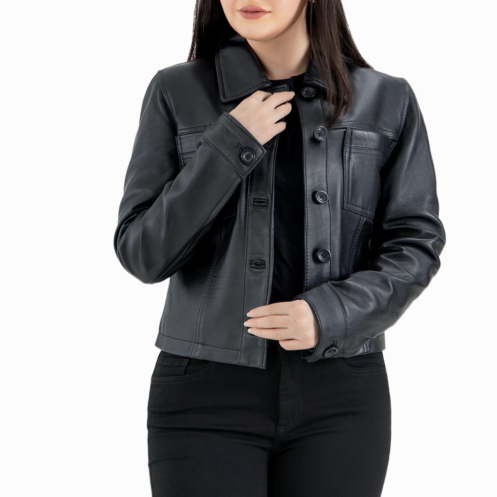 Capri Black Leather Biker Jacket both handbackground