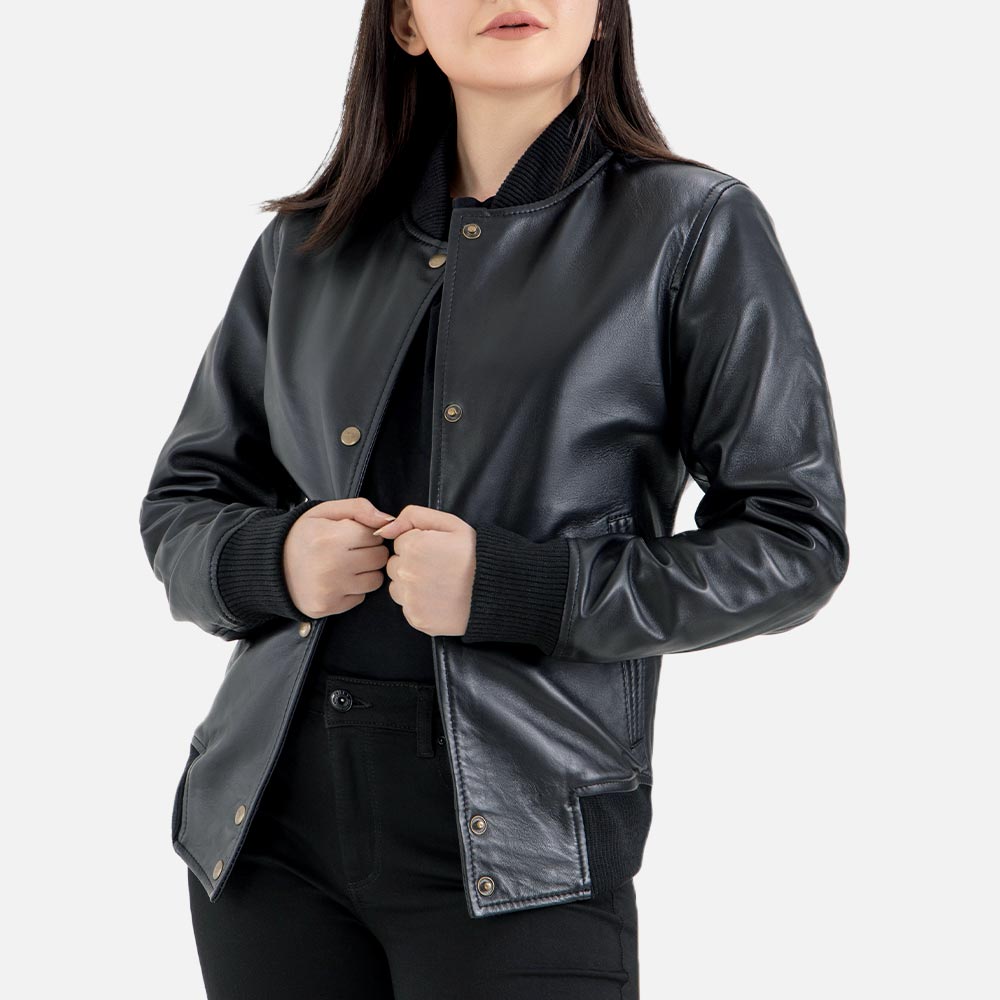 Catania Black Leather Bomber Jacket half open