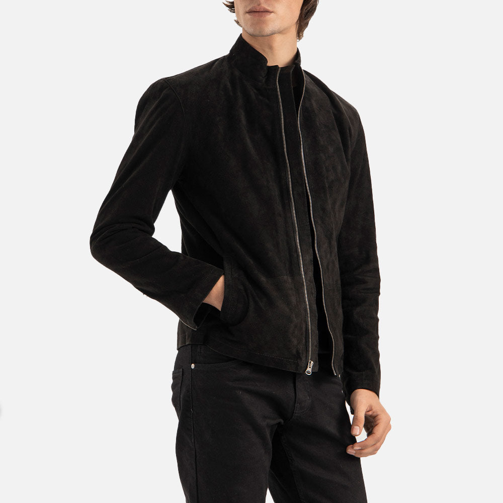Cervino Black Suede Biker Jacket rightt hand in pocket