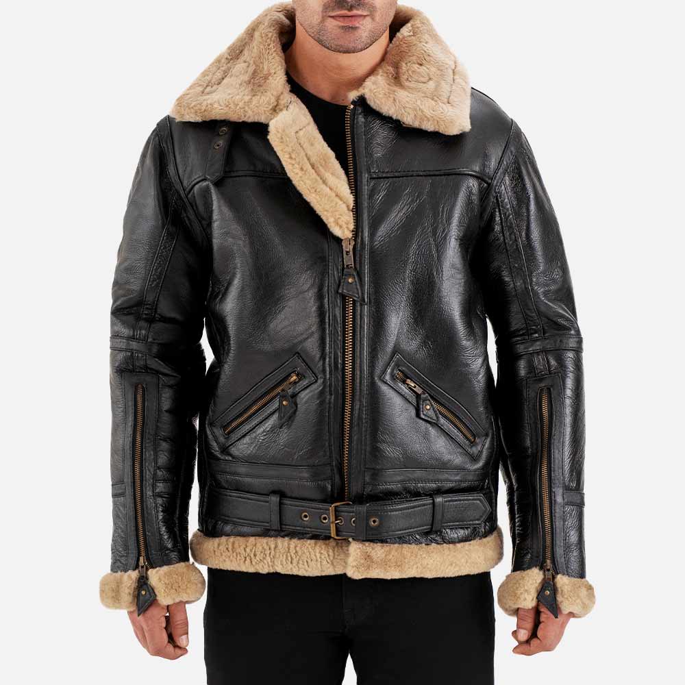 Dolomiti RAF Black Real Shearling Bomber Jacket both hand