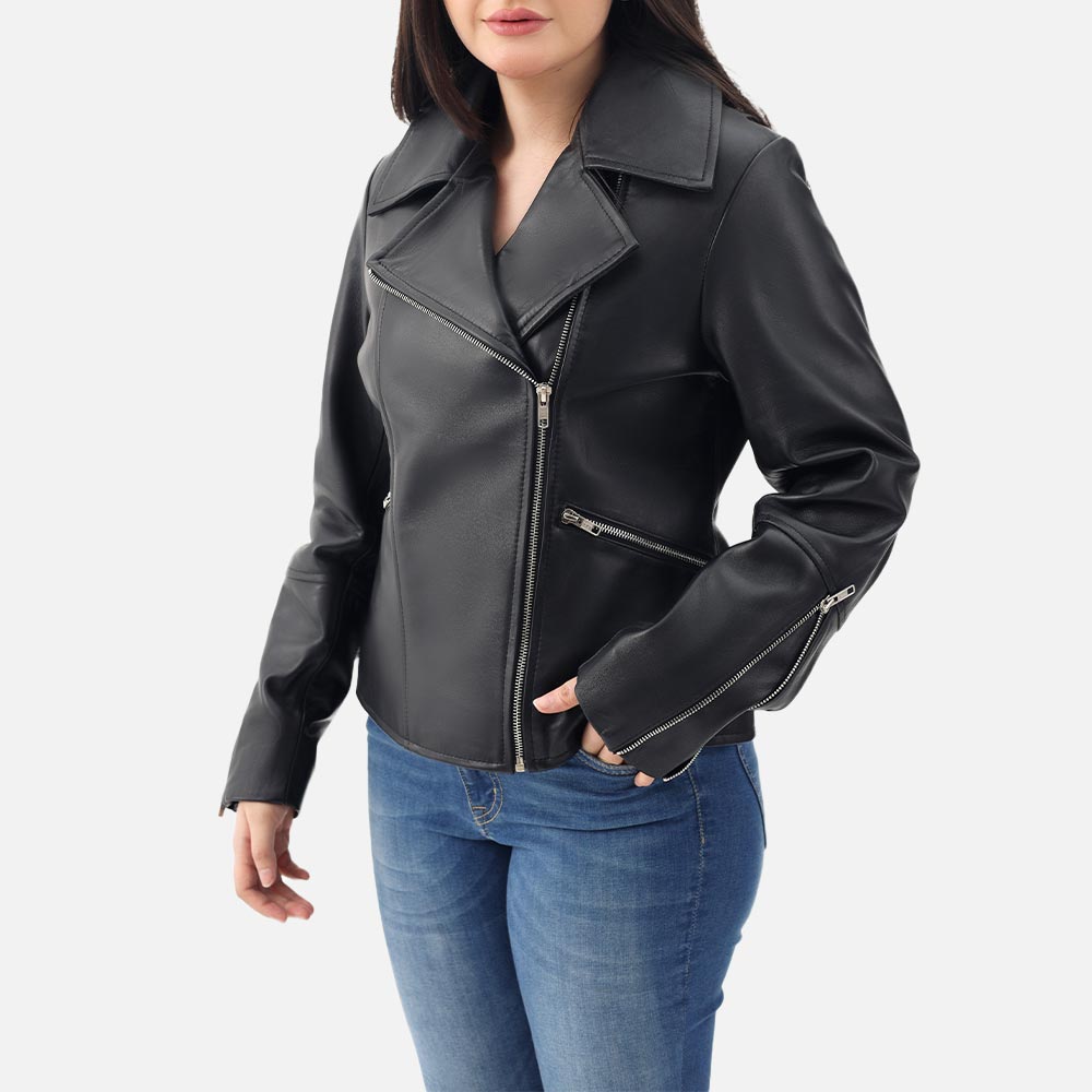 Donna Black Leather Biker Jacket left hand side