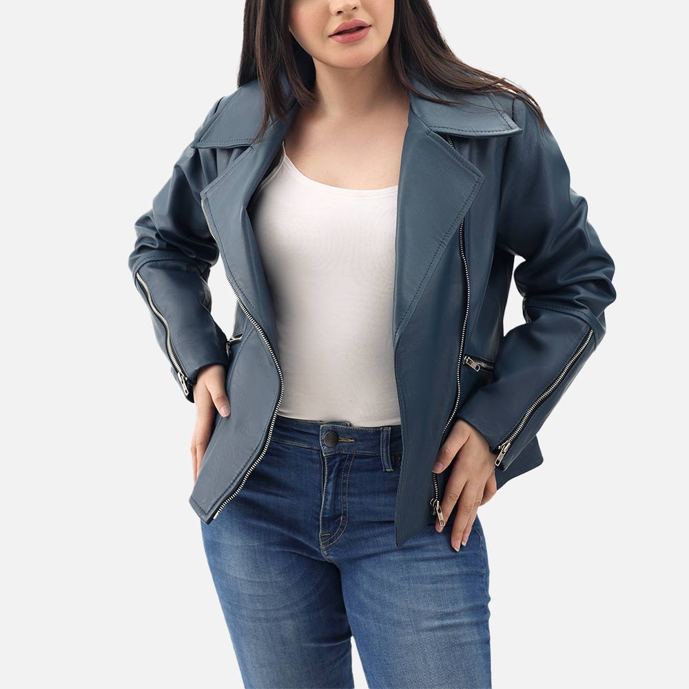 Donna Blue Leather Biker Jacket openn