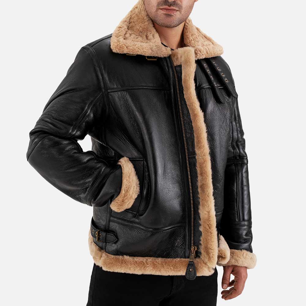 Trentino B3 Black & Beige Real Shearling Bomber Jacket
