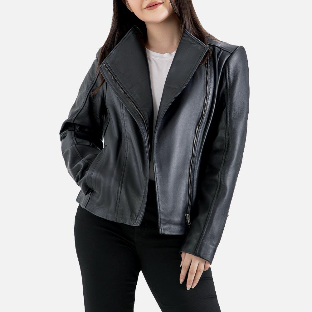 Fiamma Black Leather Biker Jacket half face