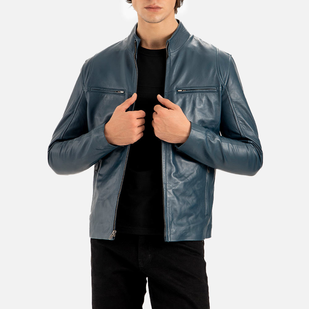 Firenze Blue Leather Biker Jacket holding jacket