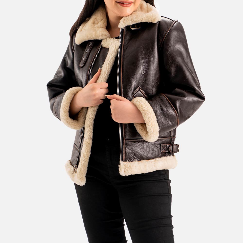 Freda B3 Distressed Brown Real Shearling Bomber Jacket open