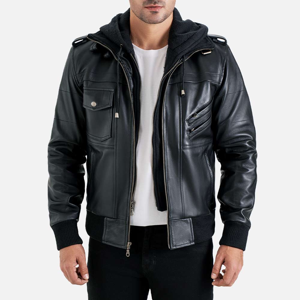 Ischia Black Hooded Leather Bomber Jacket both hand