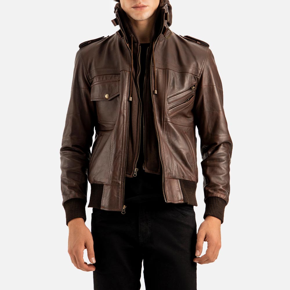 Ischia Brown Hooded Leather Bomber Jacket both hand