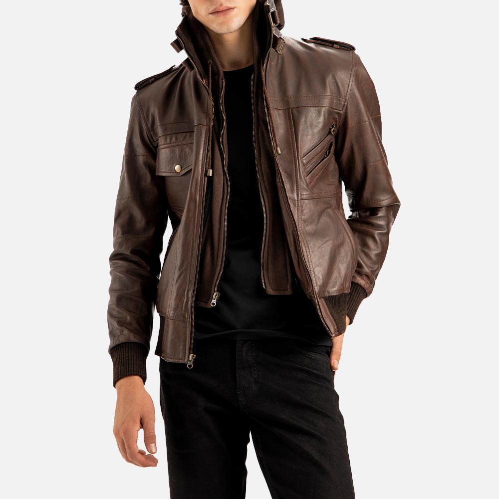 Ischia Brown Hooded Leather Bomber Jacket front open