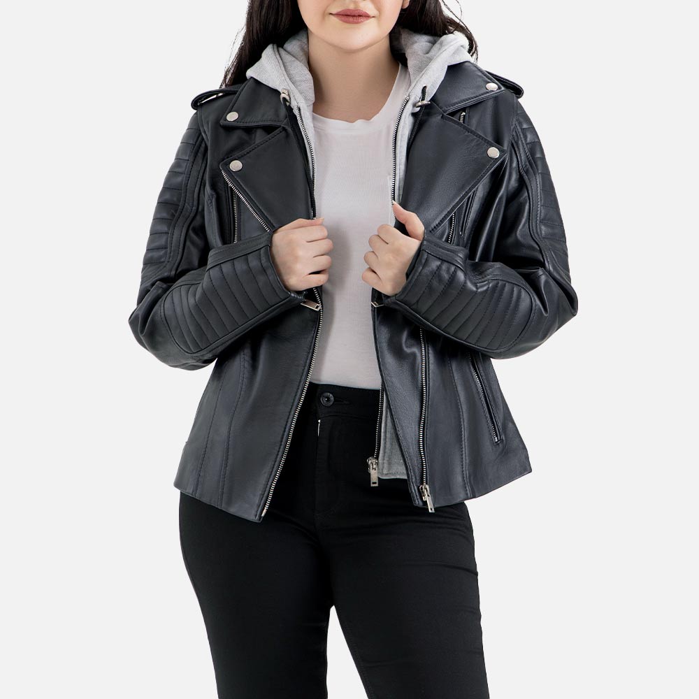 Lavaredo Black Hooded Leather Bomber Jacket Half Openn