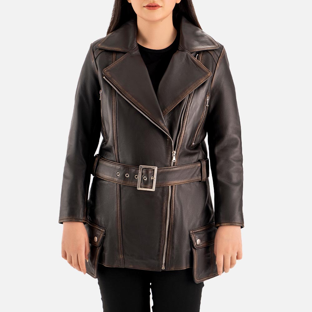 Lecce Distressed Leather Trench Coat half face