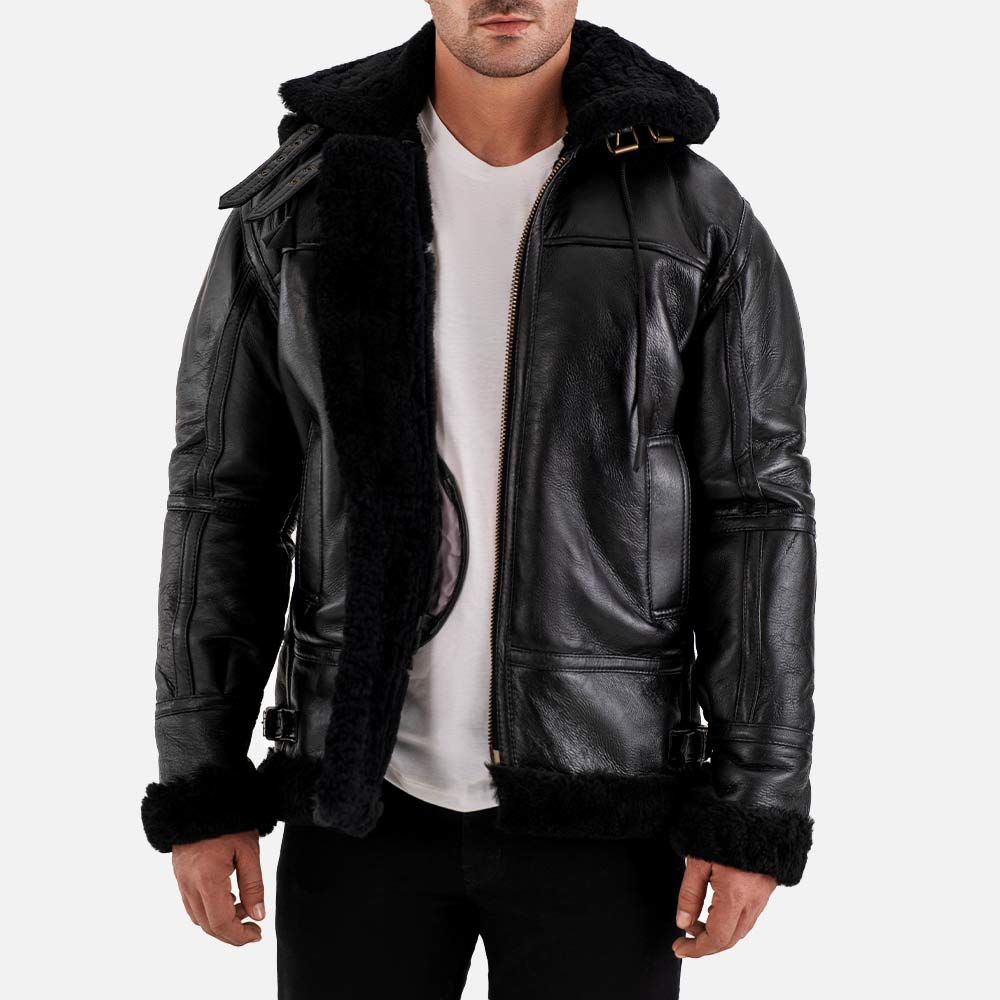 Livigno Black Hooded Real Shearling Bomber Jacket open