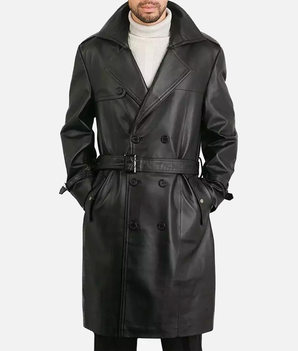 Mens Premium Double-Breasted Black Lambskin Leather Coat both hand in pocket
