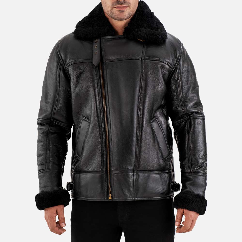 Merano Black Real Shearling Bomber Jacket frontt view