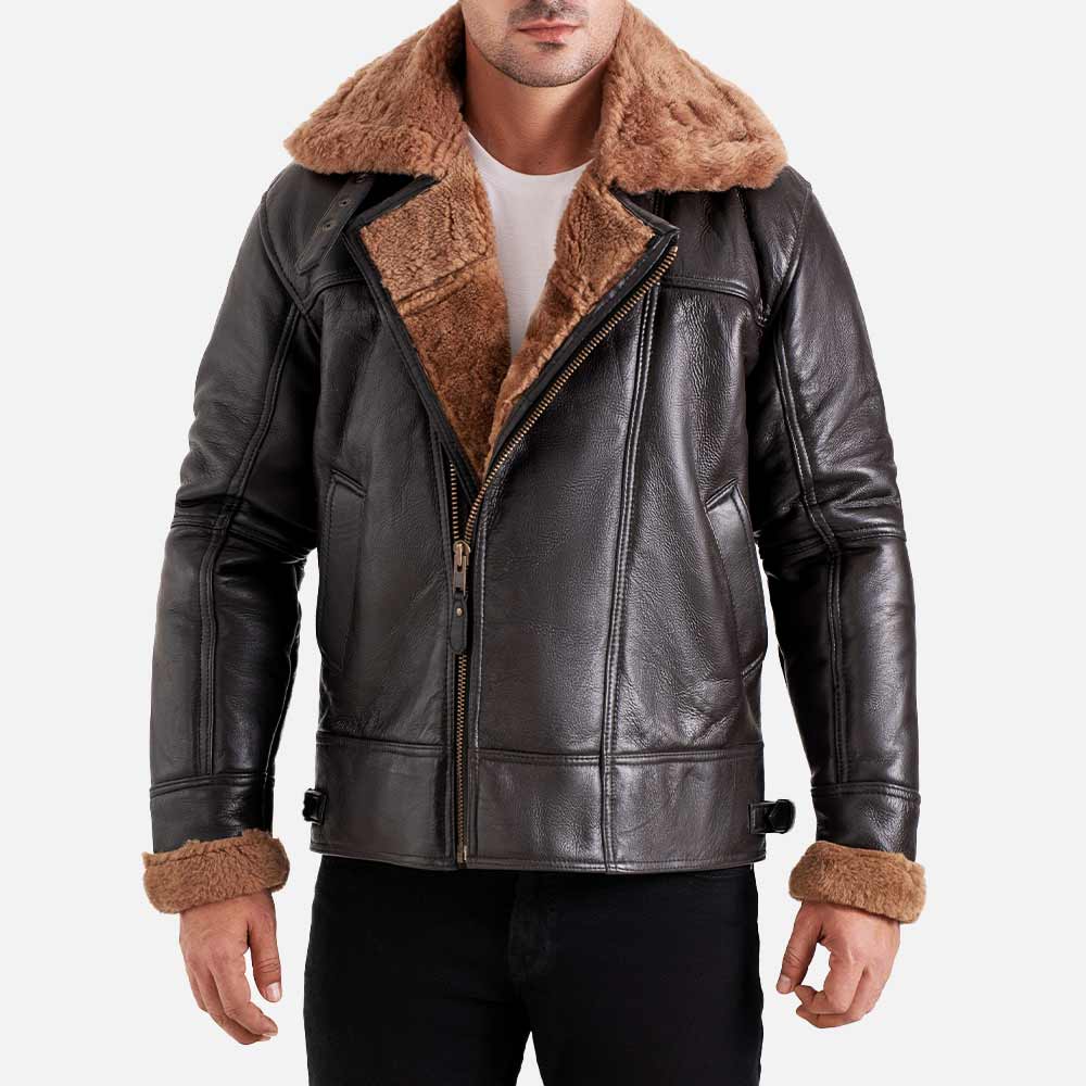 Merano Brown Real Shearling Bomber Jacket half face