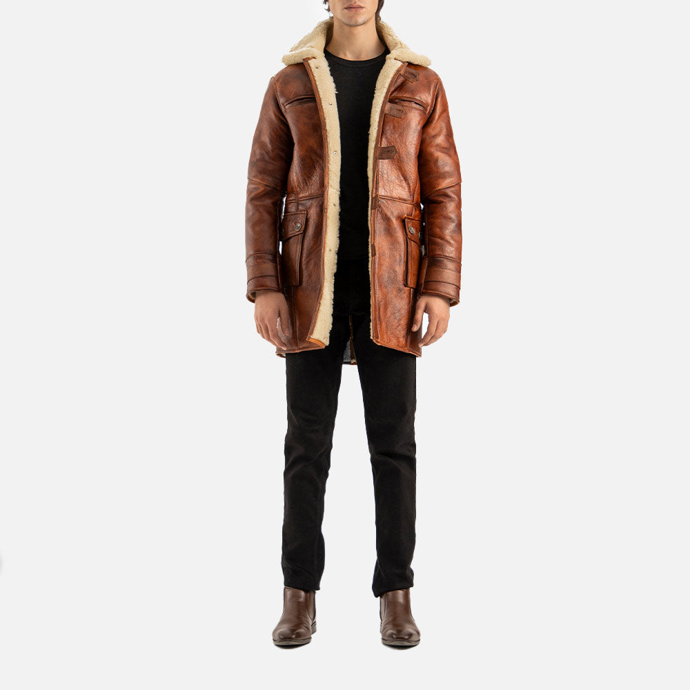 Monte Rosa Distressed Tan Real Shearling Bomber Coat front view with open coat