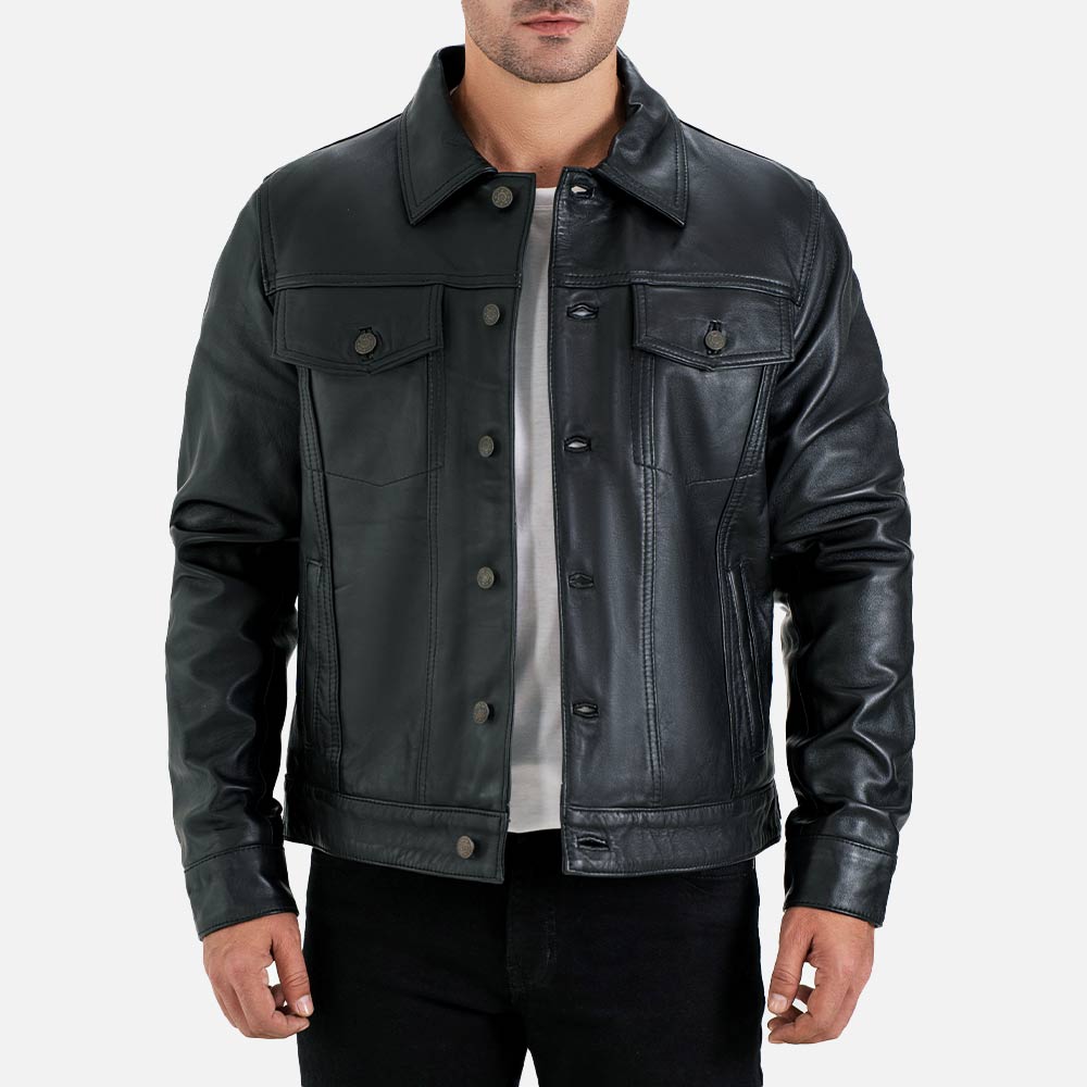 Napoli Black Leather Trucker Jacket open