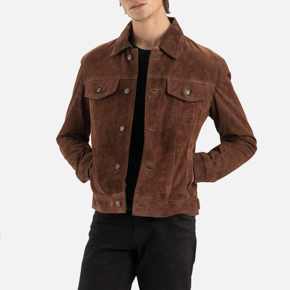 Napoli Brown Suede Leather Trucker Jacket both handd in pocket