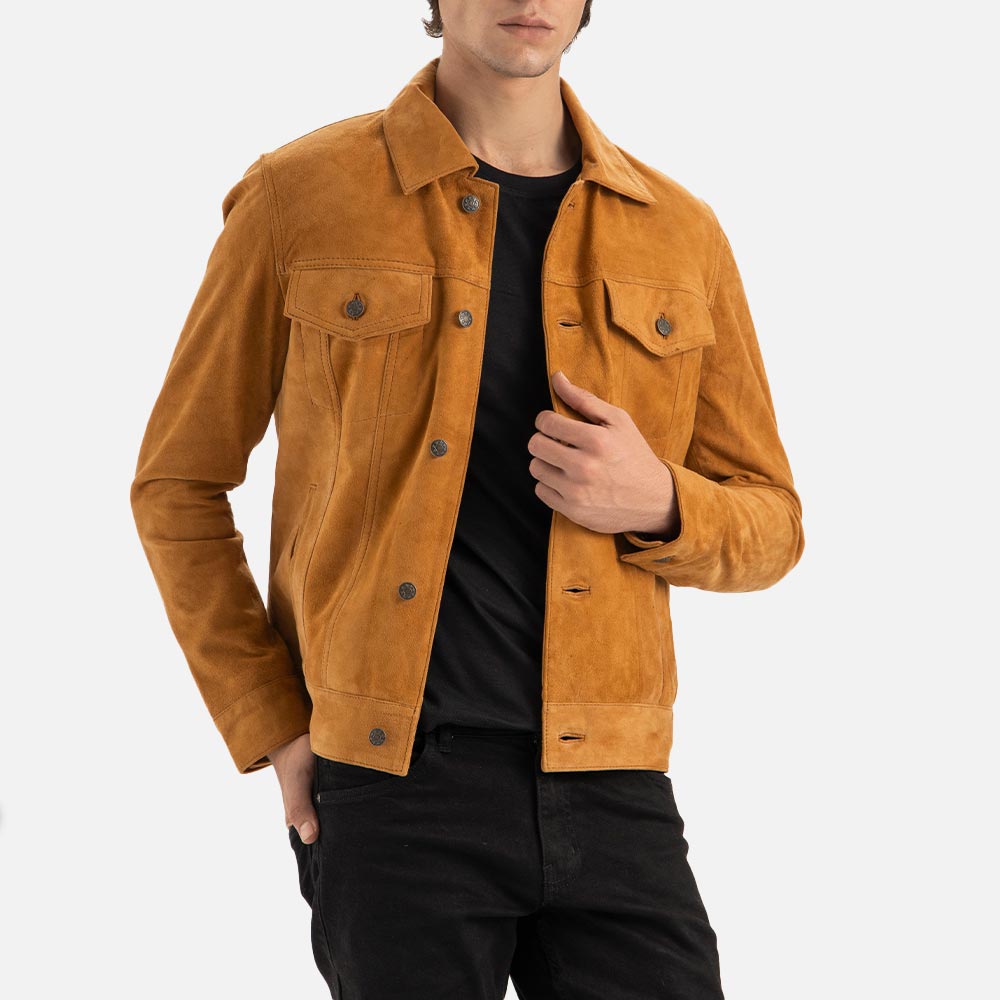 Napoli Tan Suede Leather Trucker Jacket hold jacket