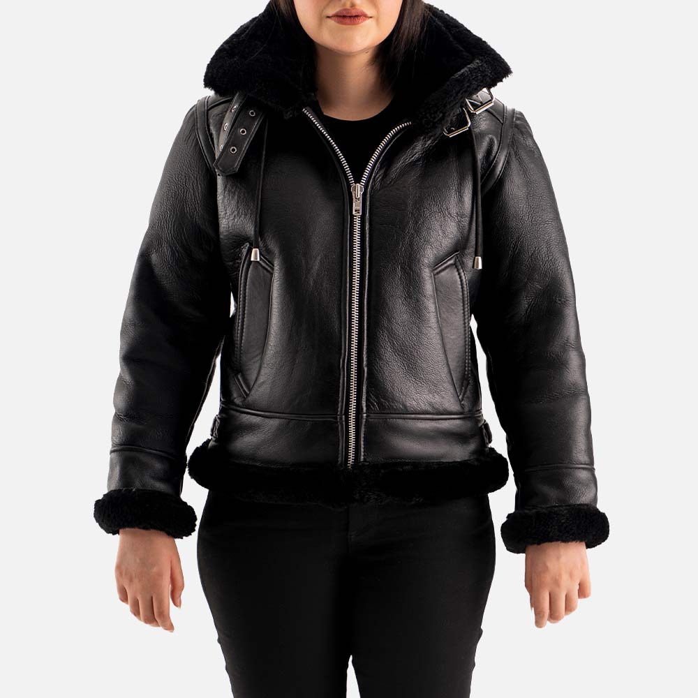 Nordica Black Hooded Real Shearling Bomber Jacket Front
