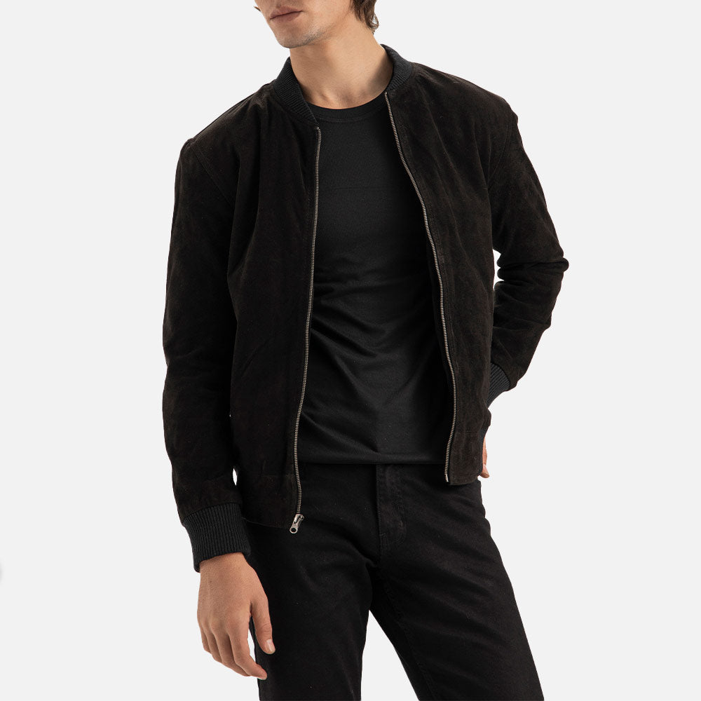 Ortisei Black Suede Bomber Jacket openn