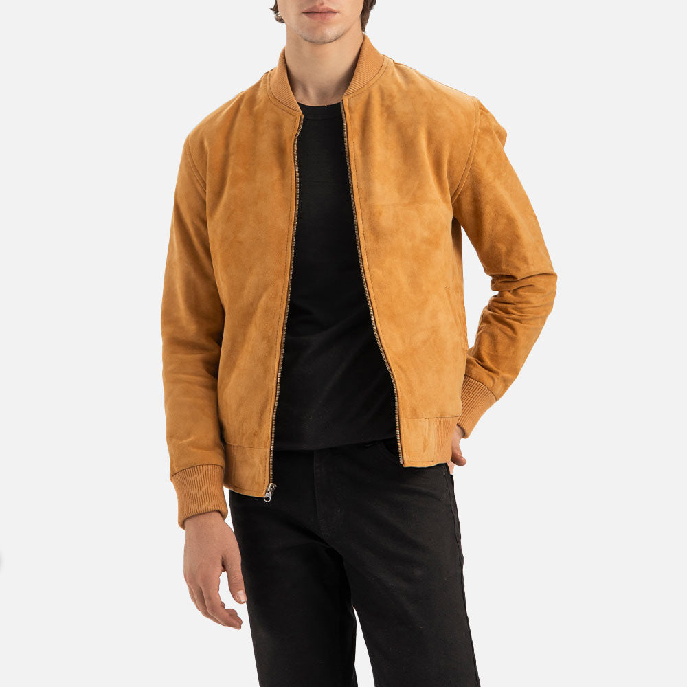 Ortisei Tan Suede Bomber Jacket front open