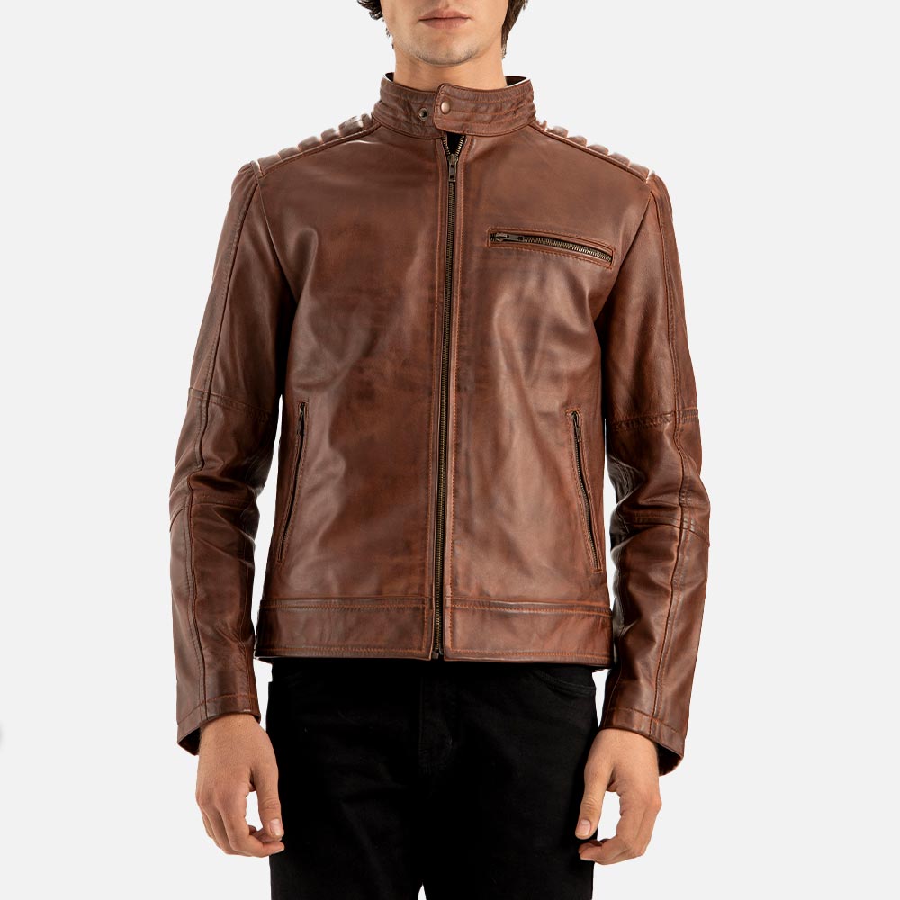 Puglia Brown Leather Biker Jacket half front