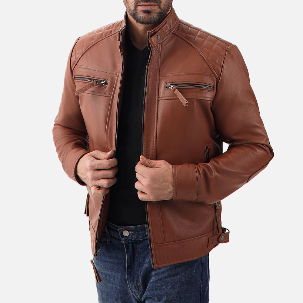 Salerno Tan Leather Biker Jacket both hand holding jacket