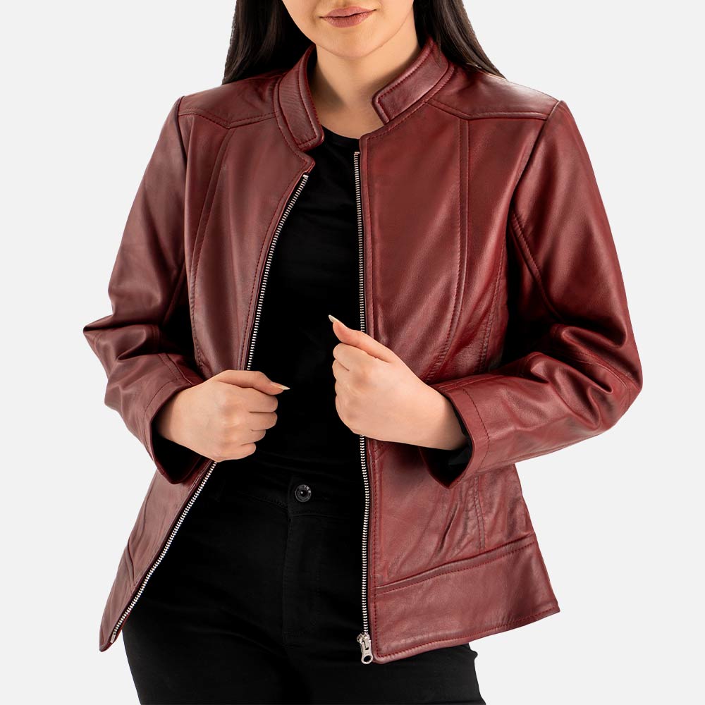 Sestriere Maroon Leather Biker Jacket Opennn