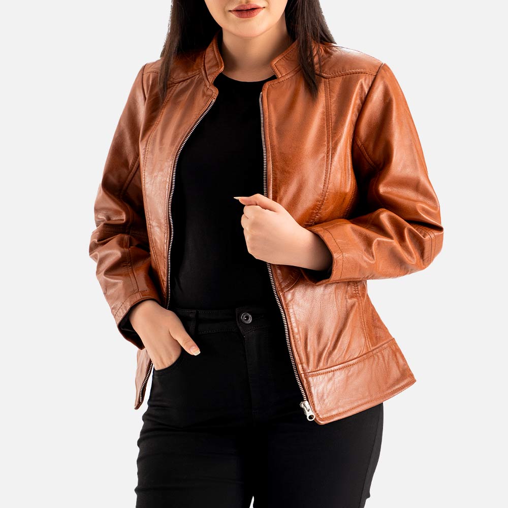Sestriere Tan Leather Biker Jacket half openn