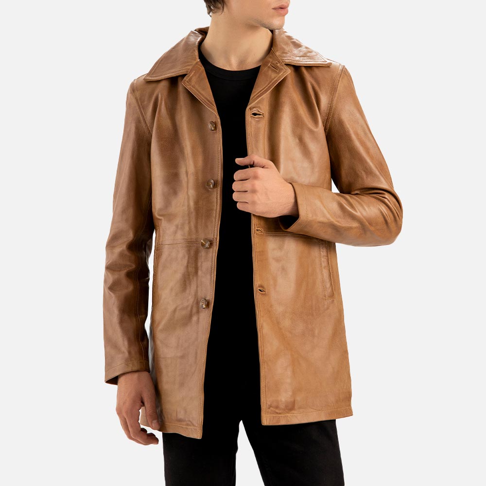 Sicilia Tan Leather Coat hold a jacket