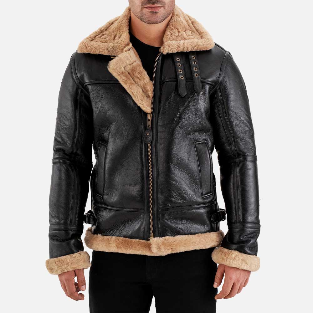 Trentino B3 Black & Beige Real Shearling Bomber Jacket Fonnt