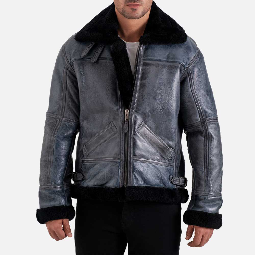 Trentino B3 Distressed Grey Real Shearling Bomber Jacket front t