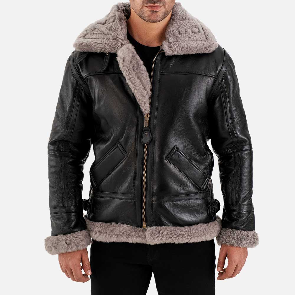 Trentino B3 Grey Real Shearling Bomber Jacket half face