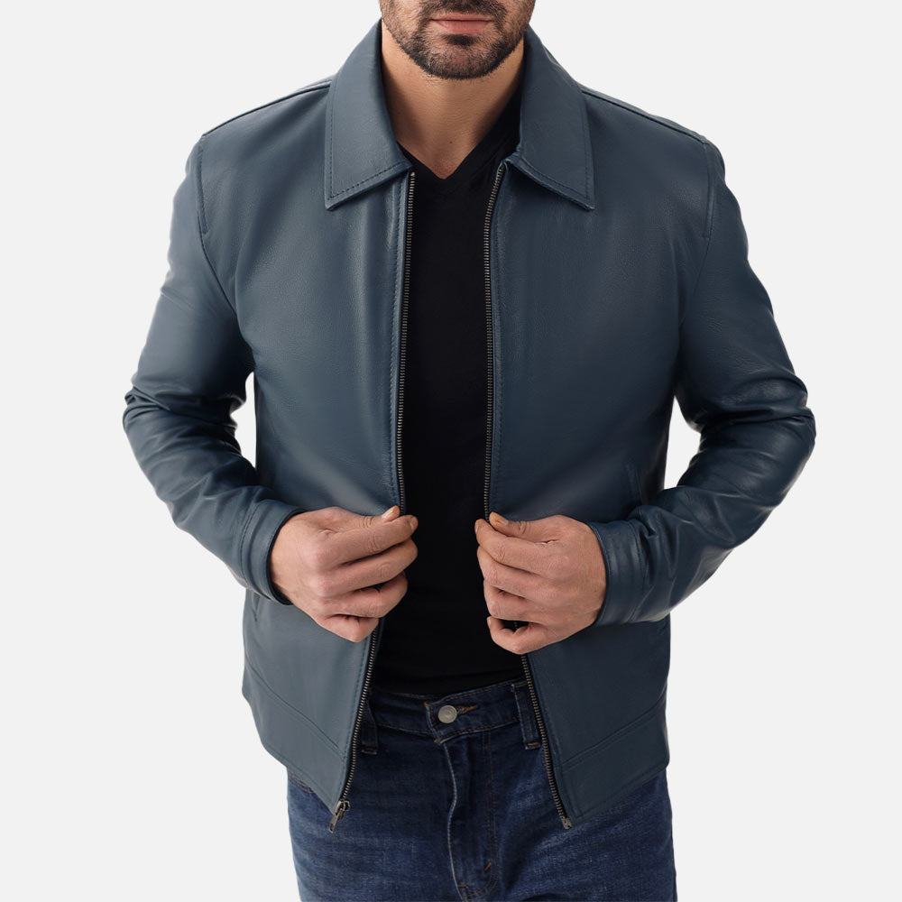 Tropea Blue Leather Jacket Holding jacket with hand